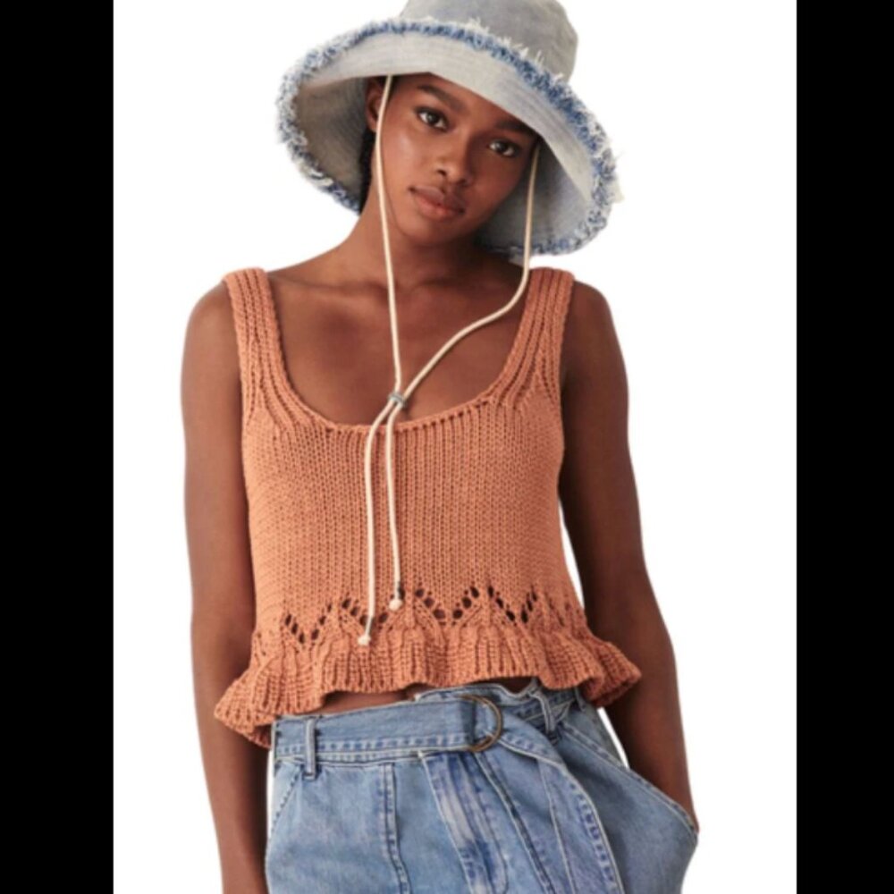 ba&sh Sena Knit Crop Tank Apricot Ruffle Hem Size Medium Women's